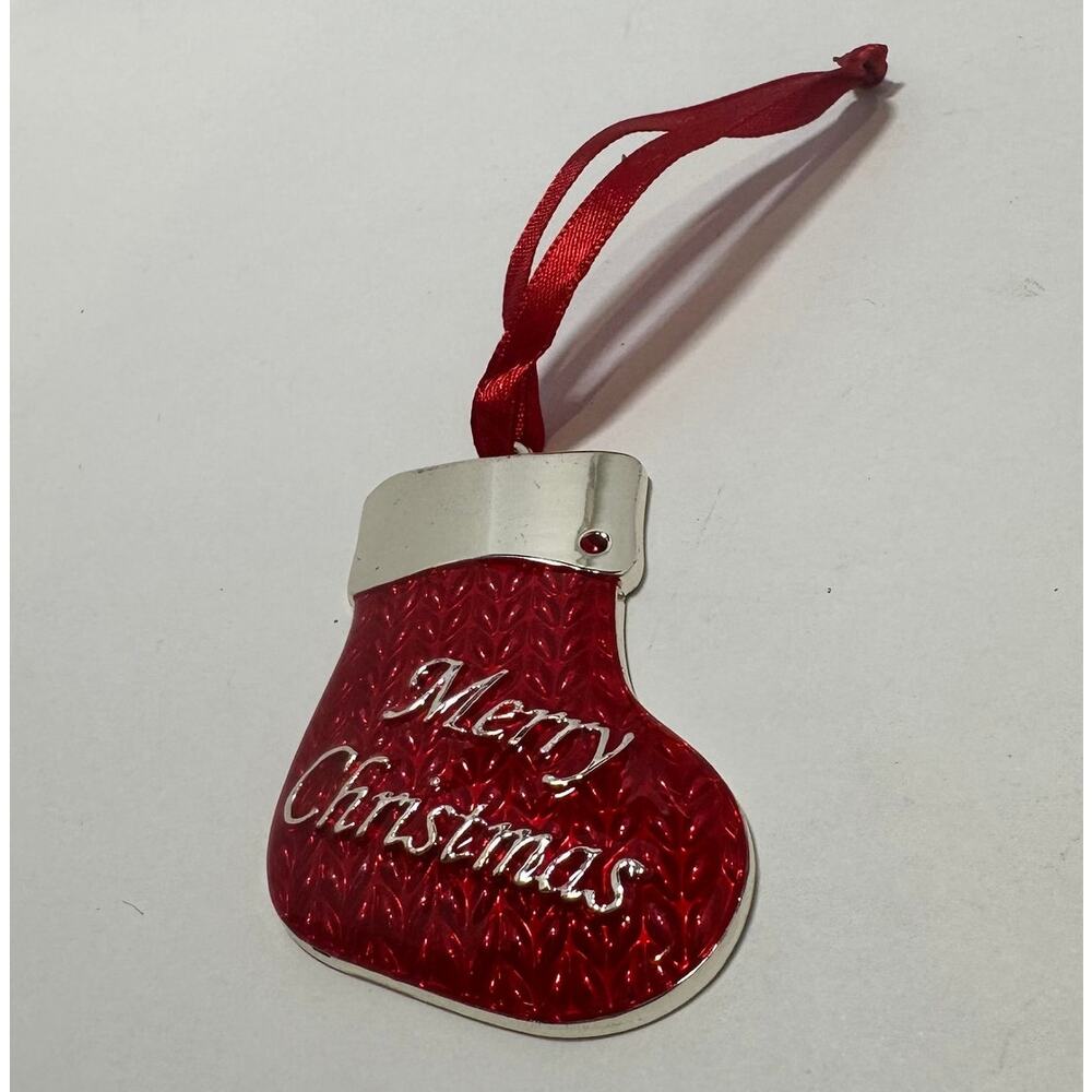 Vintage Harvey Lewis Red Enamel Merry Christmas Stocking Ornament